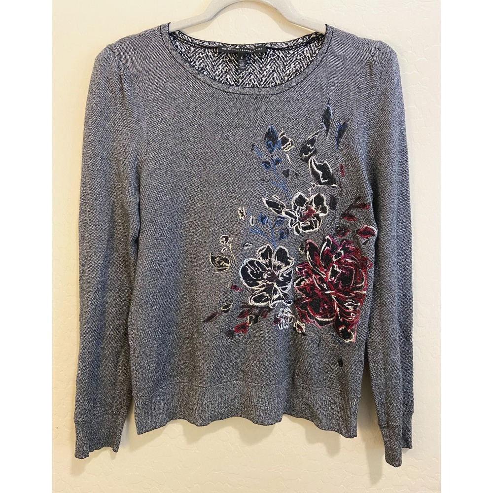 White House Black Market Women's S Gray Floral Embroidered Puff Shoulder Sweater - Picture 2 of 13